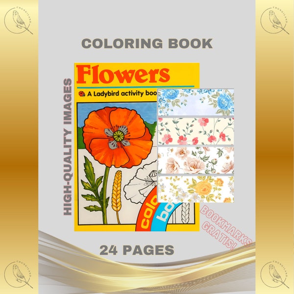 Vintage Coloring Book Flowers 24 Pages to Color Printable PDF Instant Digital Download Retro 1988 Educational Plants Bookmark DIY Art Fun