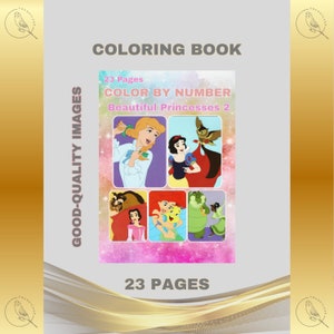 Coloring Book 23 Pages Printable PDF Instant Digital Download Beautiful Princesses 2 Color by Number Antistress Relaxing DIY Art Family Fun