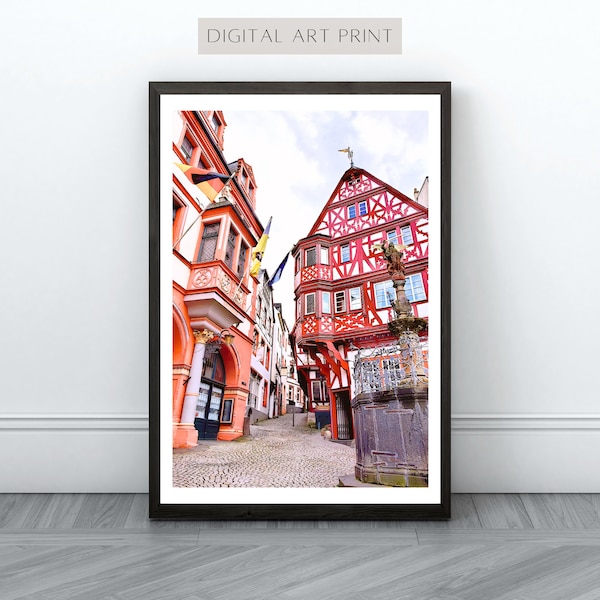 Bernkastel-Kues Market Square Travel Print, Germany Village Photography, Germany Wall Art, Printable Wall Art, Digital Download