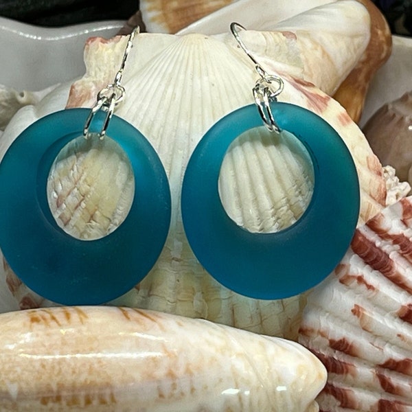 Peacock Blue Sea Glass Hoop Earrings, Free Shipping, Sea Glass Earrings, Hoop Earrings, Sterling Silver Hooks, Ready to Ship, Recycled