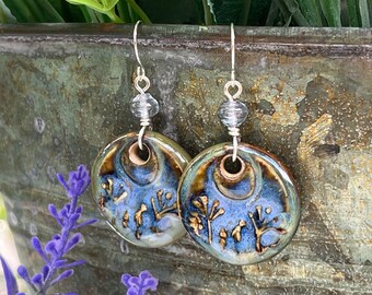Artisan Blue Floral Ceramic Earrings, Flower Earrings, Ceramic Earrings, Boho Earrings, Flower Lover, Ready to Ship, Handmade Earrings, Gift