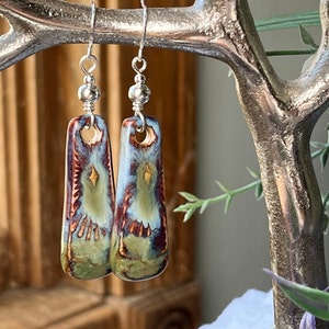 New Denim Blue & Green Ceramic Drop Silver Earrings, Boho Earrings, Ceramic Earrings, Handmade Earrings, Artisan Earrings, Rustic Earrings