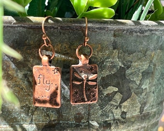 Fly Dragonfly Two-Sided Copper Earrings, Boho Earrings, Copper Earrings, Dragonfly Earrings, Double-Sided Earrings, Ready to Ship, Handmade