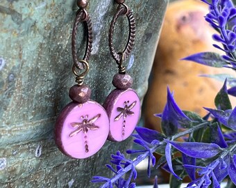 Pink Dragonfly & Copper Boho Earrings, Artisan Earrings, Dragonfly Lover, Garden Lover, Nature Lover, Boho Earrings, Zen Earrings, Handmade