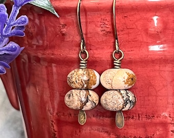 Artisan Picture Jasper Drop Earrings, Gemstone Earrings, Handmade, One of a Kind, Antique Bronze, Boho Earrings, Picture Jasper, Earthtone