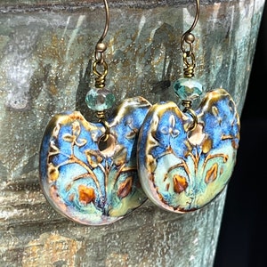 BACK IN STOCK! Bestseller Artisan Ceramic, Glass and Antiqued Brass Earrings, Floral & Garden Lover, Boho Earrings, Blue Earrings