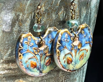 BACK IN STOCK! Bestseller Artisan Ceramic, Glass and Antiqued Brass Earrings, Floral & Garden Lover, Boho Earrings, Blue Earrings