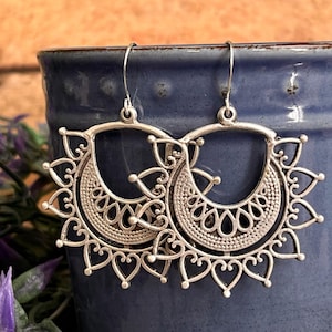 Silver Boho Earrings, Hippie Earrings, Brushed Silver Earrings, Boho Earrings, Ready to Ship, Gift for Her Statement Earrings Handmade Jewel
