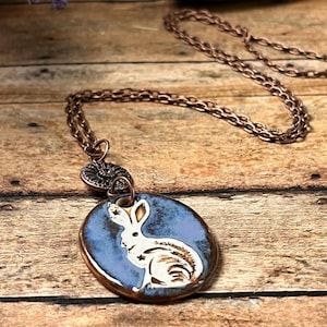 Artisan Blue Ceramic Bunny Pendant Necklace, Ceramic Pendant, Antique Copper, Handmade Jewelry, Boho Necklace, Ceramic Necklace, Rabbit