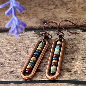 Artisan Picasso Beads and Copper Earrings, Multicolor Earrings, Handmade Jewelry, Copper Earrings, Picasso Czech Beads, Boho Unique Earrings