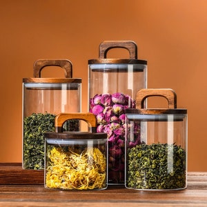 Glazen containers voor voedselopslag met acaciahouten deksels afbeelding 1