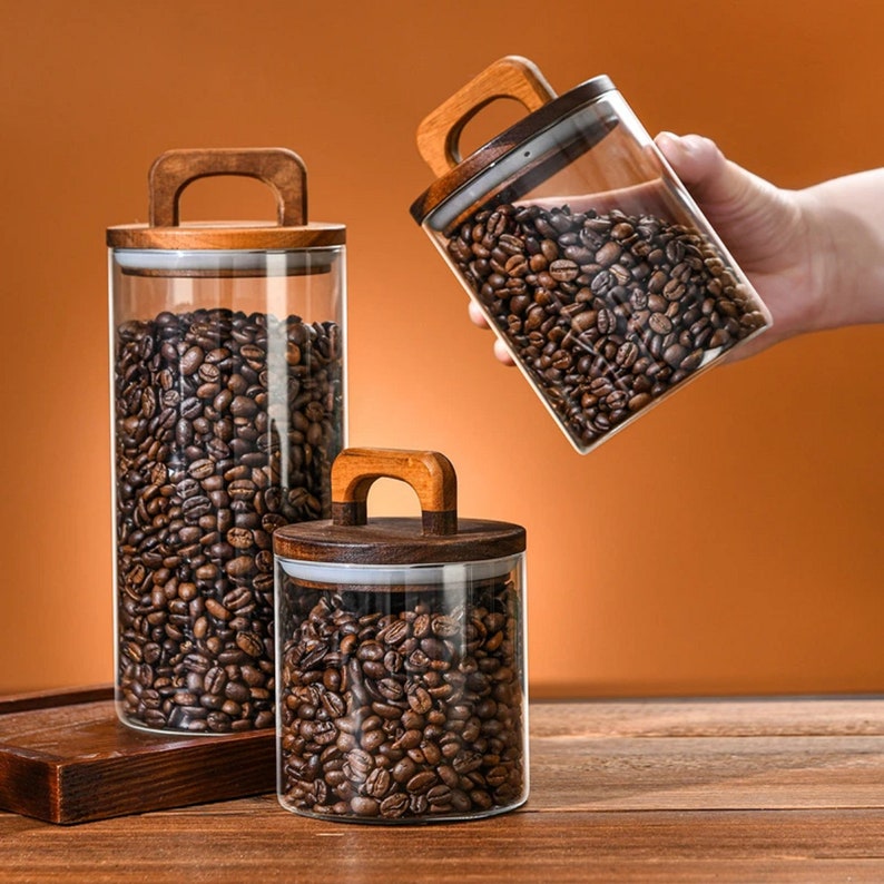 Glazen containers voor voedselopslag met acaciahouten deksels afbeelding 2