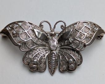 Broche Ancienne Papillon Argent Et Vermeil Filigrané - Style Romantique Vintage
