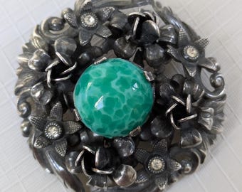 Vintage Arts & Crafts Floral Brooch, Green Cabochon Rhinestone Pin