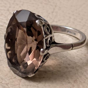 Vintage Statement Large Cut Oval Smokey Quartz & Silver Decorative Pierced Ring