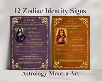 12 Zodiac Identity Signs | Astrology Mantra Art | Printable PDF A5 | Feminine Collection