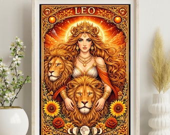 Leo Woman Zodiac Illustration – Horoscope Poster – Gift for Leo Women