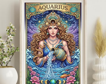 Aquarius Woman Zodiac Illustration – Mystical & Intuitive Wall Art – Horoscope Poster – Gift for Aquarius Women