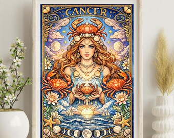 Cancer Woman Zodiac Illustration – Mystical & Intuitive Wall Art – Horoscope Poster – Gift for Cancer Women