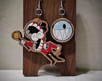 Caine & Bubble handpainted wooden hypoallergenic stainless steel earrings (inspired by The Amazing Digital Circus)