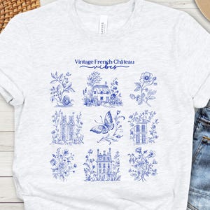 Cottagecore Aesthetics Vintage Romantic French Château Inspired Shirt, Blue Toile Blouse, Blue and White Floral TShirt, Retro Doodle Graphic