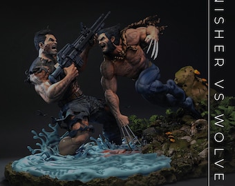 Punisher vs Wolverine STL Dateien, Comic Kampf Diorama, Superheld 3D Druck Modell Digitaler Download