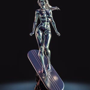 May include: A polished, silver-colored sculpture of a figure standing on a surfboard. The figure has flowing hair and is posed in a dynamic stance. The surfboard has a streamlined design, and the base is intricately detailed.