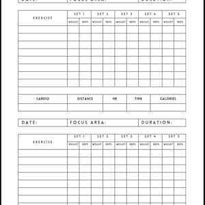 Op de afbeelding: Een zwart-witte workout planner met de tekst "WORKOUT PLANNER" bovenaan. De planner bevat secties voor datum, focusgebied, duur, oefening, cardio, afstand, HR, tijd en calorieën.