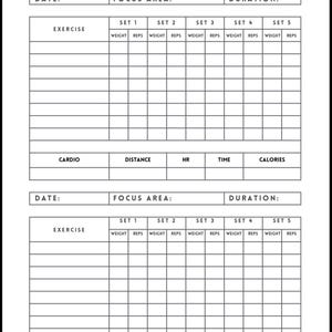 May include: A black and white workout planner with the text "WORKOUT PLANNER" at the top. The planner includes sections for date, focus area, duration, exercise, and cardio, with spaces for weight, reps, distance, and calories.