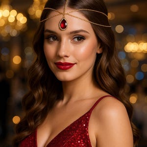 May include: A woman wearing a gold-toned headpiece with a teardrop-shaped red jewel. She is wearing a red sequined dress with spaghetti straps. Her lips are red, and her hair is styled in waves.
