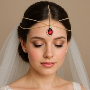 Red jewel for the head, Bridal forehead chain with red jewel, Arabic headpiece, prom hair accessories, Bollywood mathapatti, Ruby tiaras