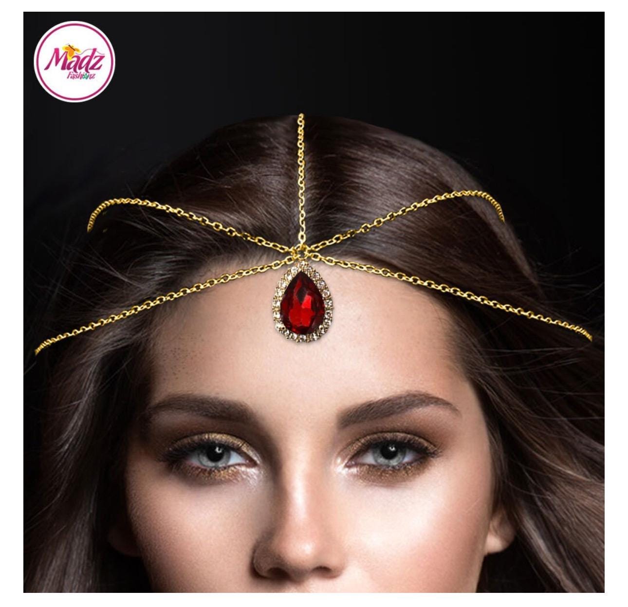 Red Headwear, Golden Headpiece, Indian Matha Patti, Bespoke 