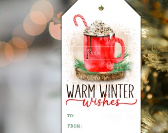 Warm Winter Wishes Gift Tags, Christmas Holiday Gift Labels, Hot Chocolate Cocoa Stickers, Instant Printable Download DIY