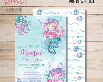 Mermaid Birthday Invitation, Custom Invitation, Canva Personalization, Instant Printable Download DIY