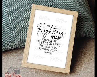 Proverbs 20:7, 5x7 inch Digital Print, Wall Decor Scripture, Instant Printable Download DIY
