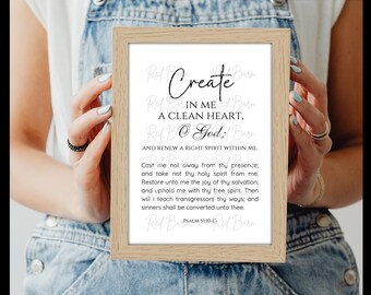 Psalm 51:10-13, 5x7 inch Digital Print, Wall Decor Scripture, Instant Printable Download DIY