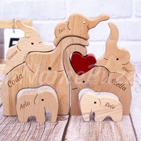 Cadeaux en bois - Éléphant - Nom de famille - Casse-tête - Cadeaux à la mémoire de la famille - Famille d'animaux - Statue animal en bois - Famille de 6 personnes - Décoration d'intérieur