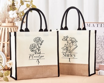 Personalisierte Jute-Einkaufstasche, kundenspezifische Geburts-Blumen-Einkaufstasche, Strand-Einkaufstasche, Brautjungfer-Einkaufstasche, Jute-Tasche, Junggesellinnenabschieds-Taschen, Hochzeitsgeschenke