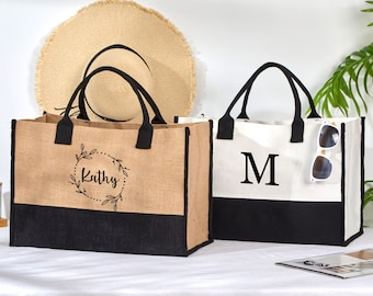 Benutzerdefinierte Jute Tasche, personalisierte Strand Tasche, Jute Tasche, Brautparty Geschenke, Junggesellinnenabschied Taschen, Brautjungfer Vorschlag, Mädchen Reisetasche