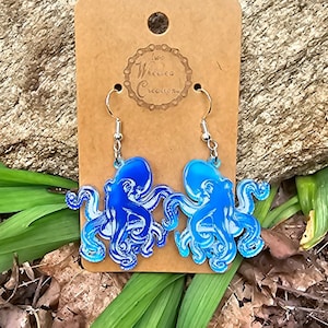 Acrylic Octopus Earrings, Stirling Silver hooks, Octopus Jewelry, Statement Earrings, sea themed, fashion accessory, 925 silver