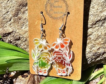 Acrylic Gnome with flower Earrings, Stirling Silver hooks, gnome jewelry, Statement Earrings, fashion accessory, 925 silver
