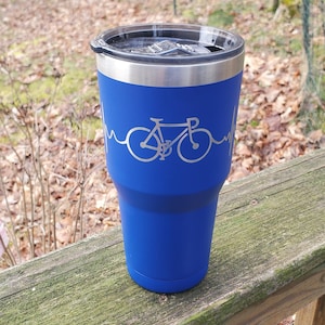 Engraved Bike Heartbeat tumbler, cycling gift, 20oz, 30oz, laser engraved, personalized gift
