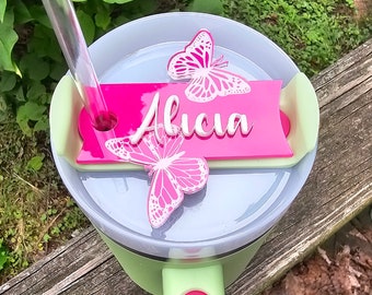 40oz or 60oz Stanley Personalized Butterflies Name Tag, Butterflies Topper  Stanley Tumbler Name Plate Topper, Personalized Stanley Accessory 