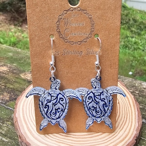 Acrylic Sea Turtle Earrings, Stirling Silver hooks, Turtle jewelry, Statement Earrings, sea themed, fashion accessory, 925 silver