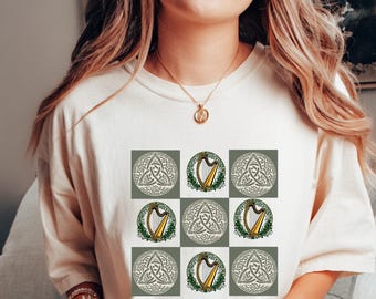 Celtic Harp Player T-Shirt: Irish Knot Grid St. Patrick's Day Tee