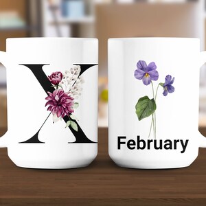 Alfabeto floral X febrero mes de nacimiento taza de flores regalo personalizado taza de café personalizada Mimi taza abuela regalo mamá taza Mee Maw regalo hija