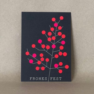 Christmas card / card “Happy Holidays” / berry branch motif / neon