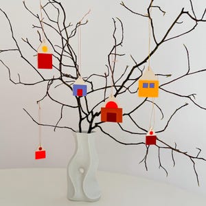 bunte Häuschen Anhänger / handgemacht / neon / Set 6 Stück plus Karte / 2 Farbvarianten