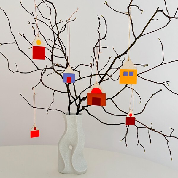 bunte Häuschen Anhänger / handgemacht / neon / Set 6 Stück plus Karte / 2 Farbvarianten