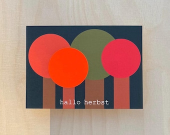 Autumn greeting card / card with autumn trees / hello autumn / neon dot glued by hand / A6